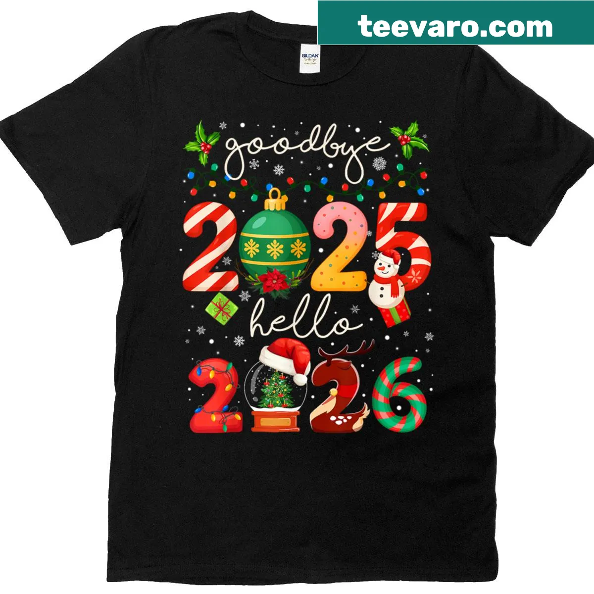 Festive t-shirt with 'Goodbye 2025 Hello 2026' graphic for holidays — on a men's t-shirt