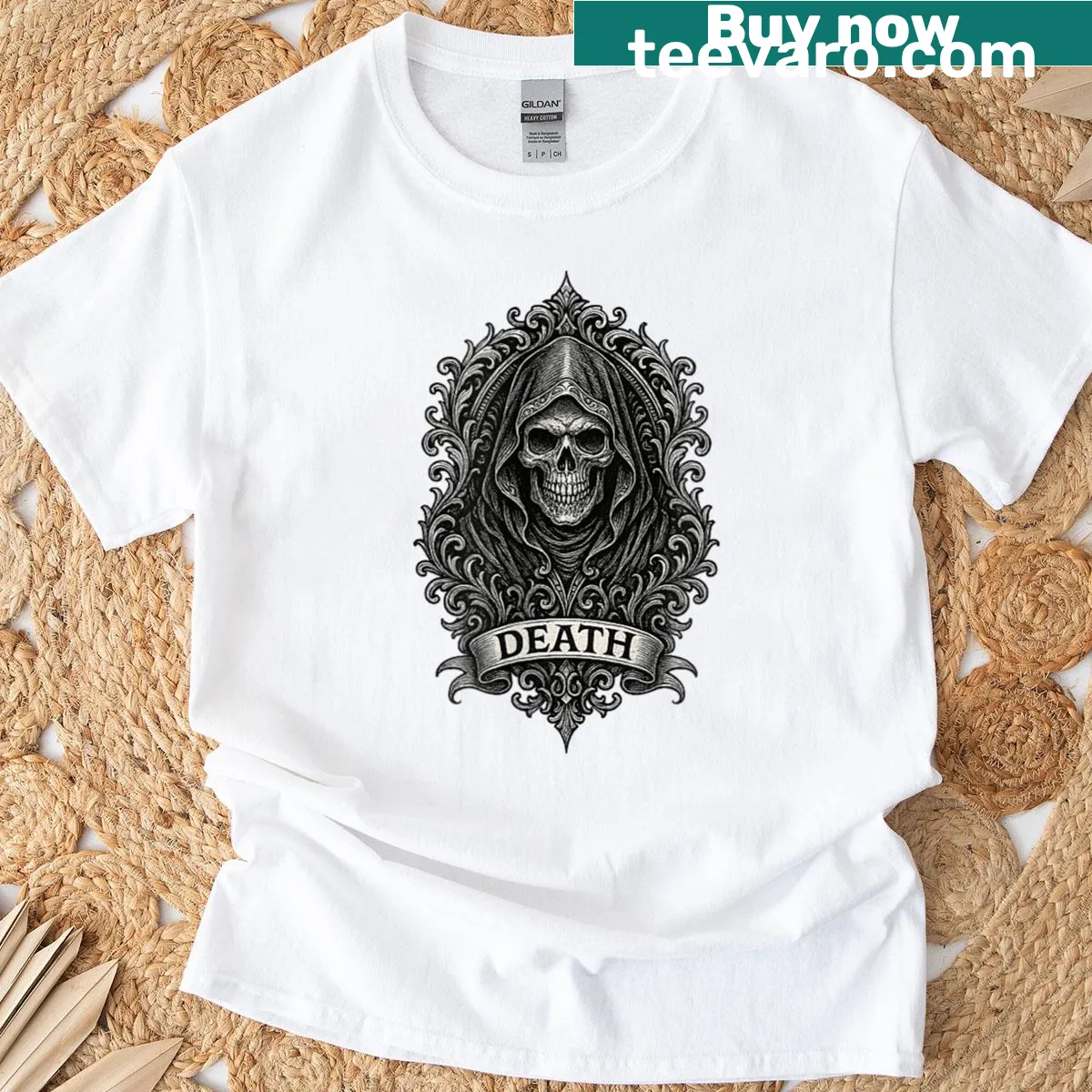 Gothic grim reaper skull illustration on a dark T-shirt — on a men's t-shirt