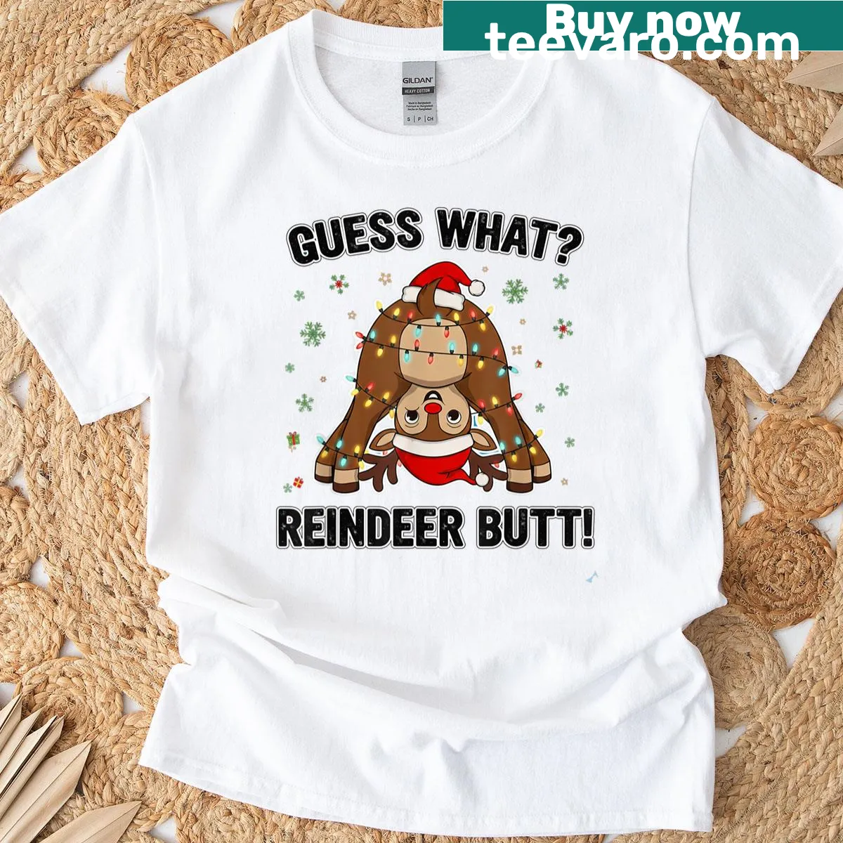 Funny reindeer butt graphic with humorous text for Christmas — on a men's t-shirt