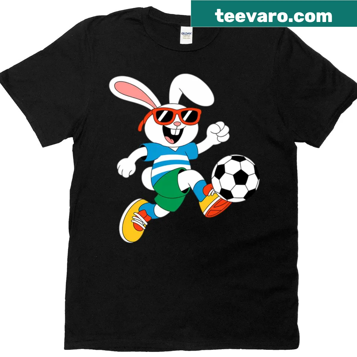 Playful Easter bunny playing soccer graphic on T-shirt — on a men's t-shirt
