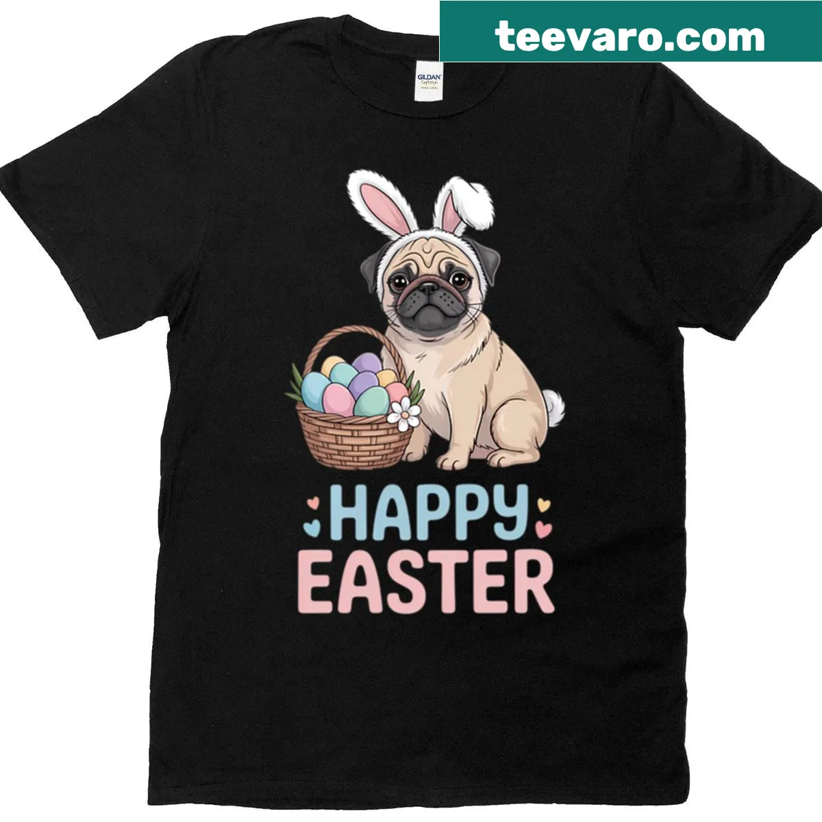 Cute pug bunny t-shirt celebrating Easter — on a men's t-shirt