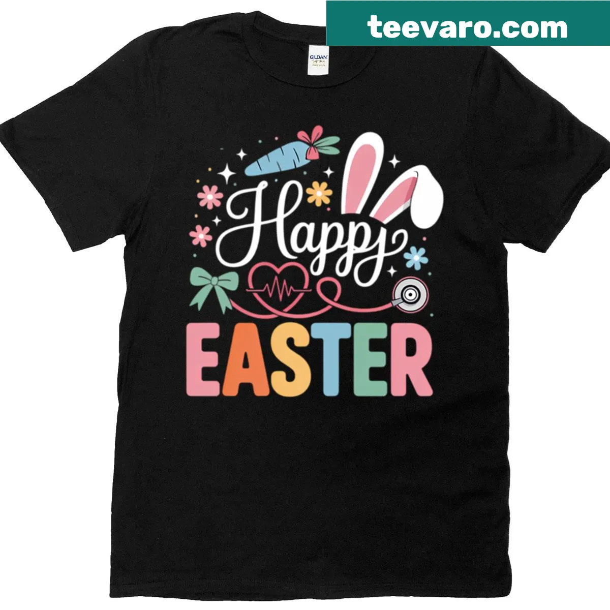 Easter T-shirt with nursing-themed graphics including bunny ears and a stethoscope — on a men's t-shirt