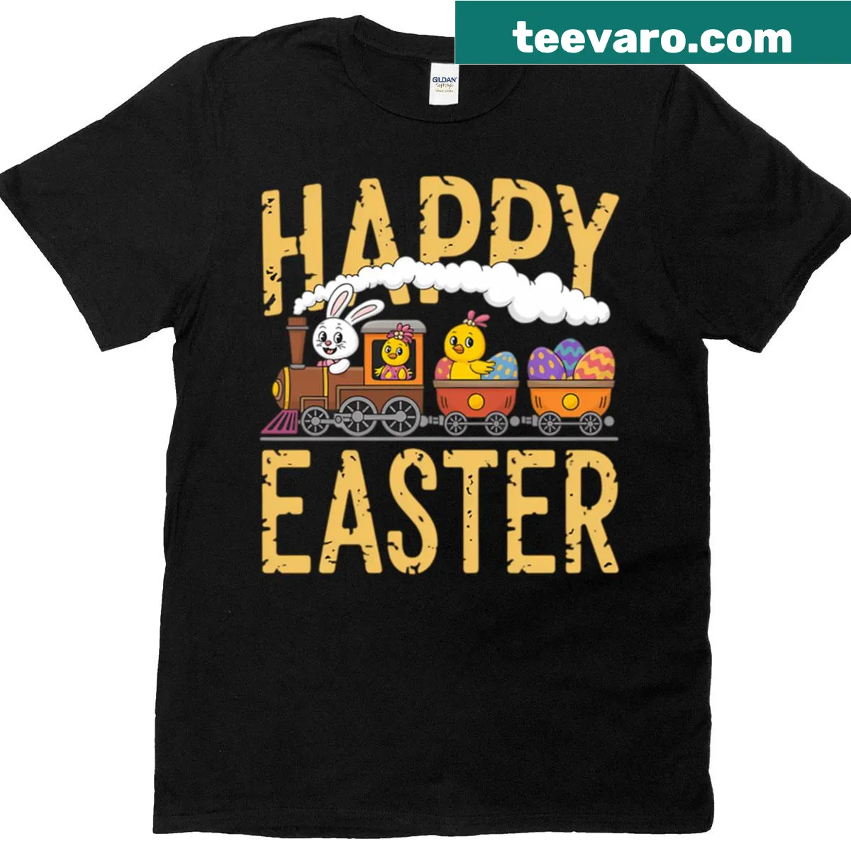 Easter themed shirt with a train, bunny, chick, and eggs design — on a men's t-shirt
