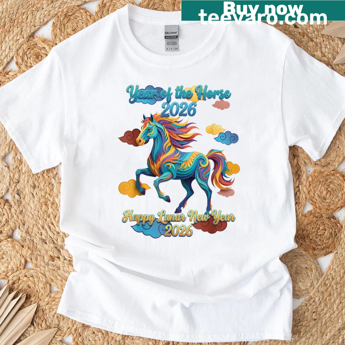 Colorful horse graphic on a Lunar New Year T-shirt — on a men's t-shirt