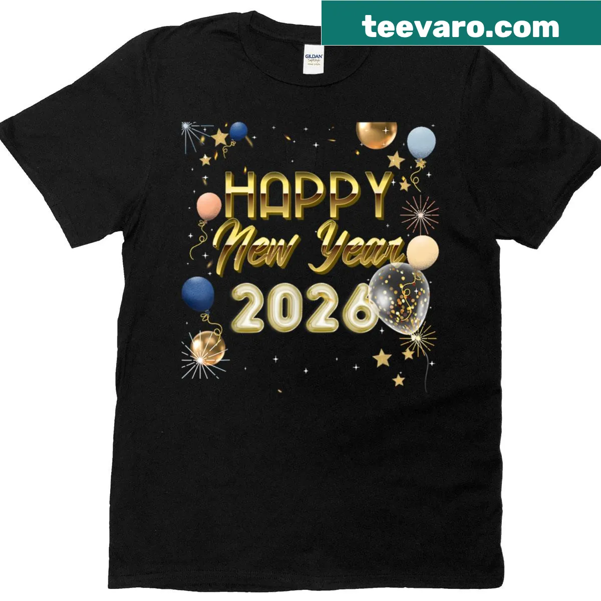 New Year's Eve T-shirt featuring confetti and firework graphics — on a men's t-shirt