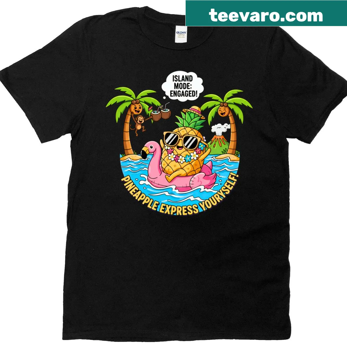 T-shirt with a Hawaiian design featuring pineapples and palm trees — on a men's t-shirt