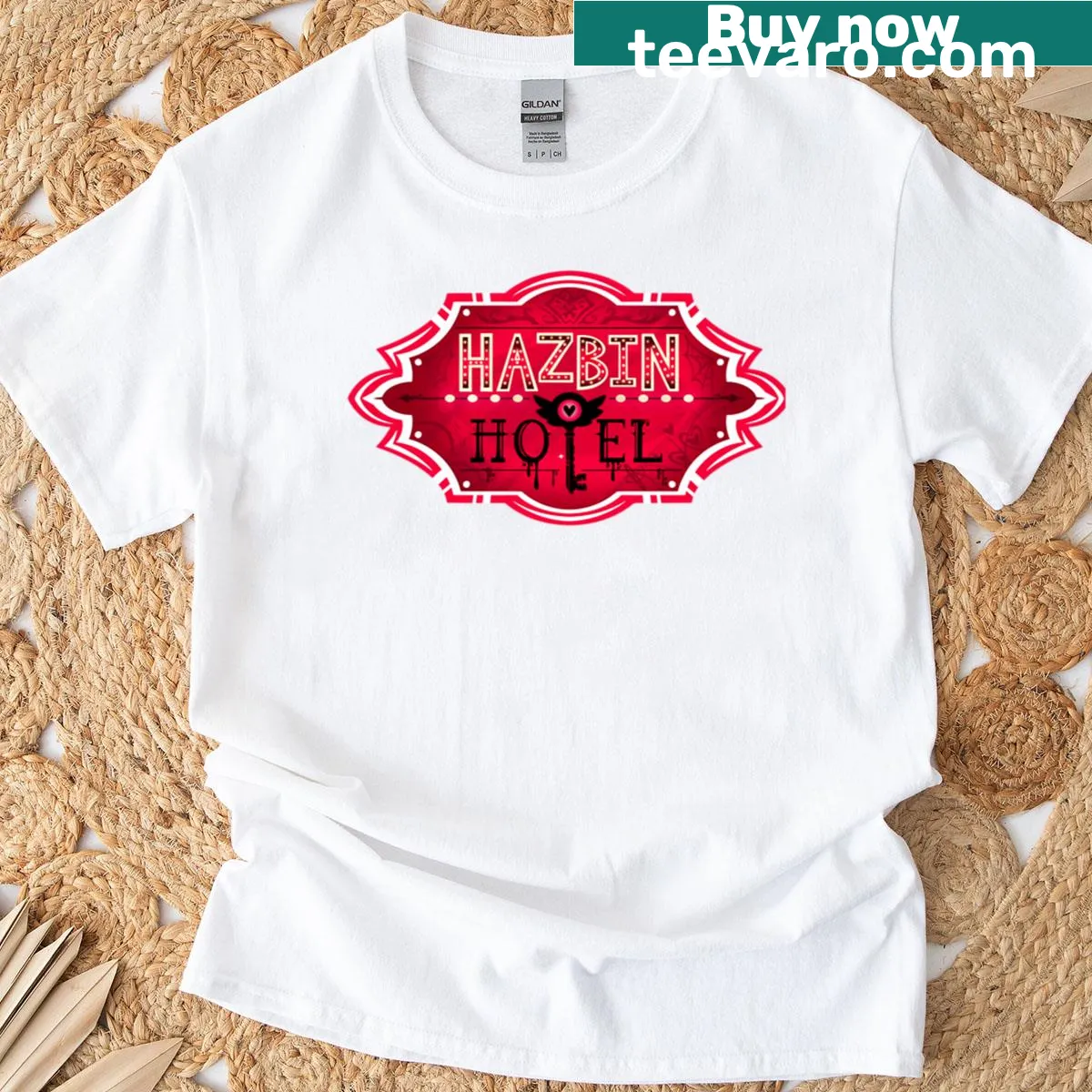 Hazbin Hotel sign graphic with a key design — on a men's t-shirt