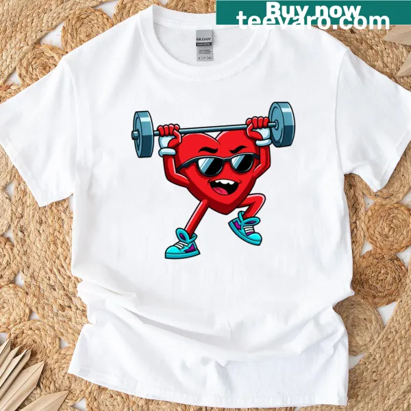 Heart-themed weightlifting graphic on awareness T-shirt