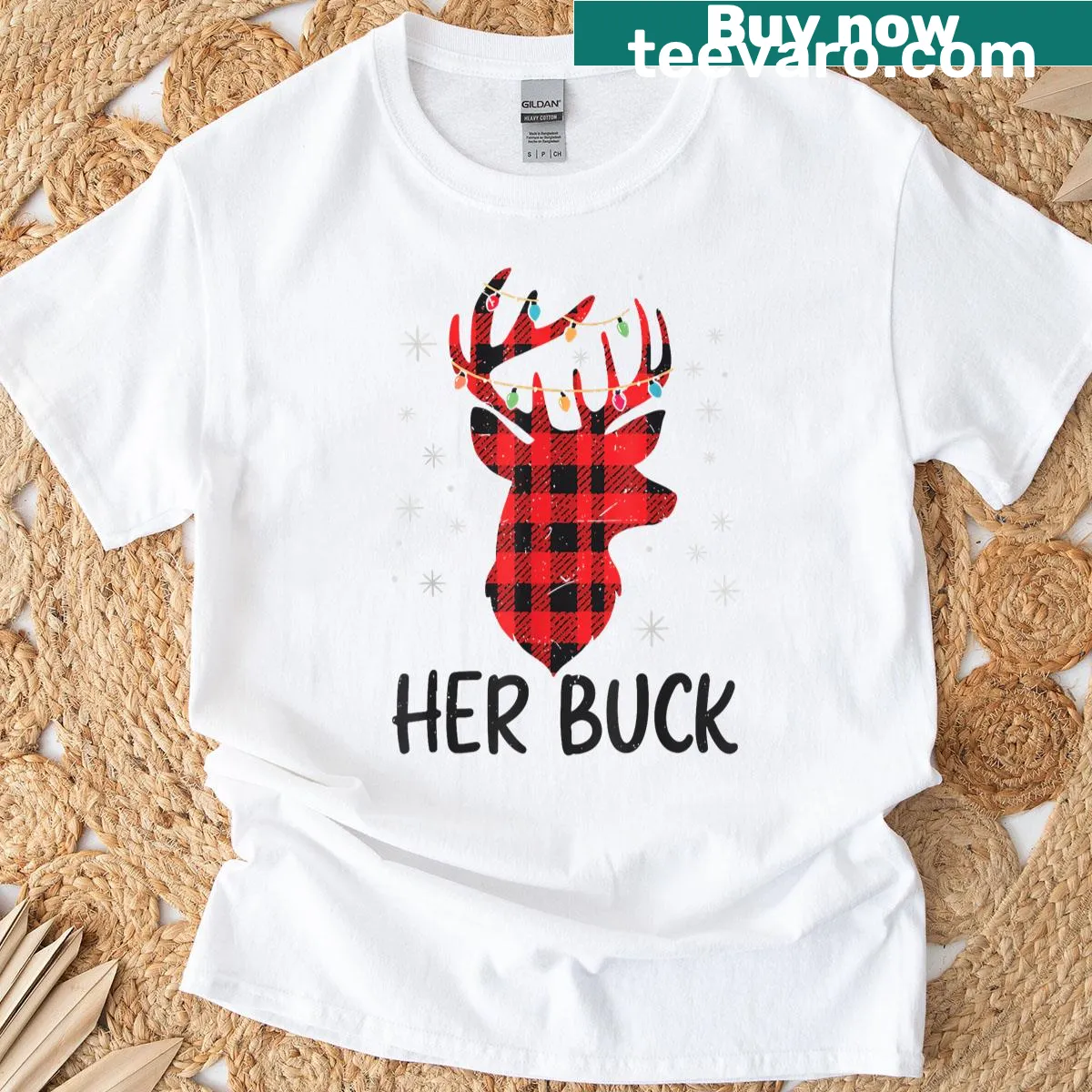 Couple-themed T-shirt with a deer hunting graphic for Christmas — on a men's t-shirt
