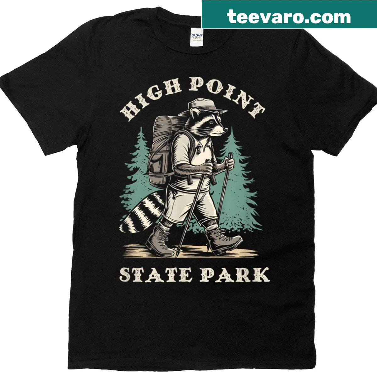 Hiking raccoon illustration representing High Point State Park — on a men's t-shirt