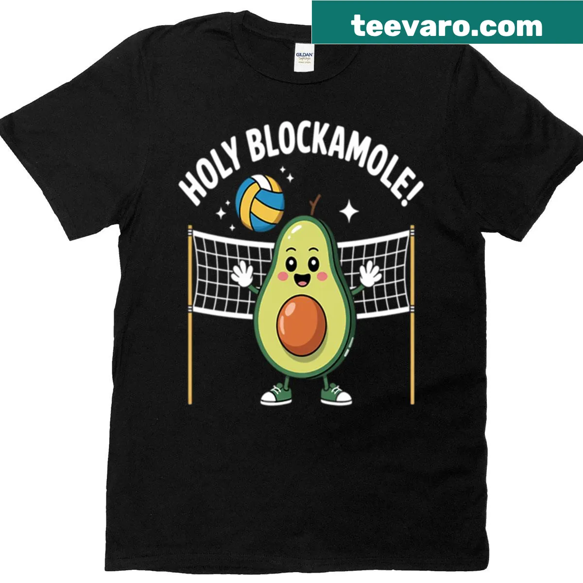 Funny T-shirt with a cartoon avocado and volleyball graphic — on a men's t-shirt