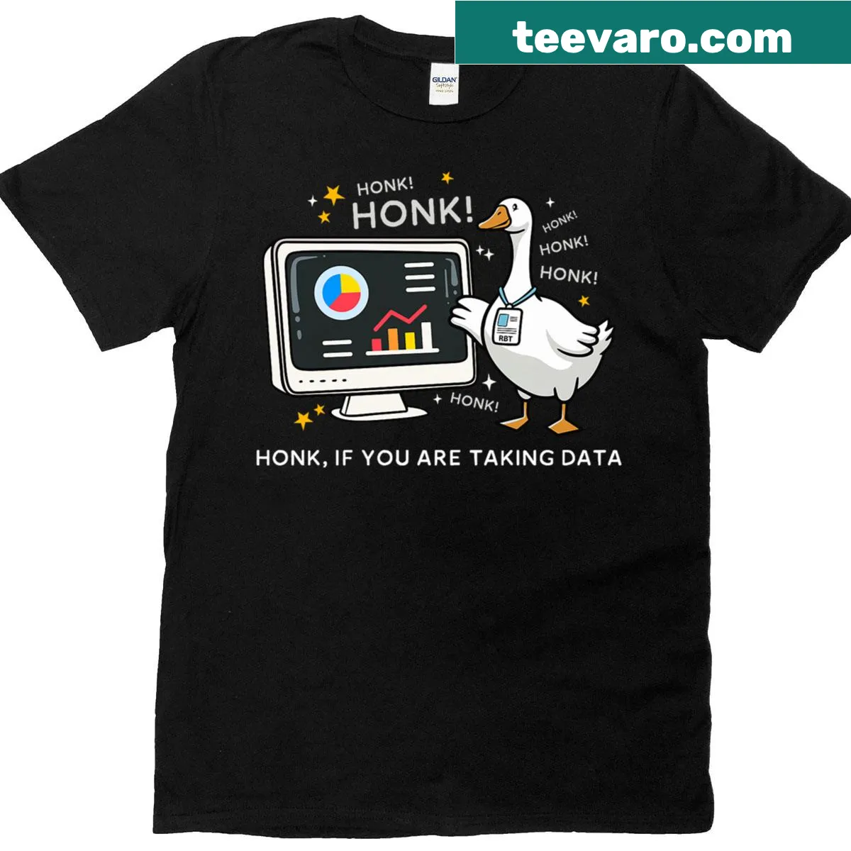 Humorous teacher t-shirt with Honk If You Are Taking Data slogan. — on a men's t-shirt