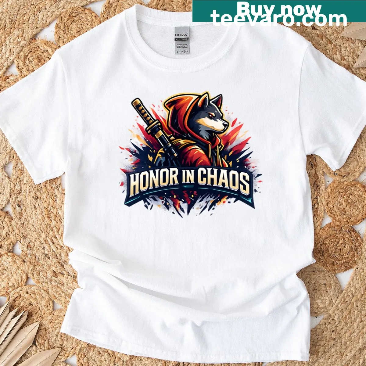 Playful Shiba Inu samurai warrior graphic T-shirt — on a men's t-shirt