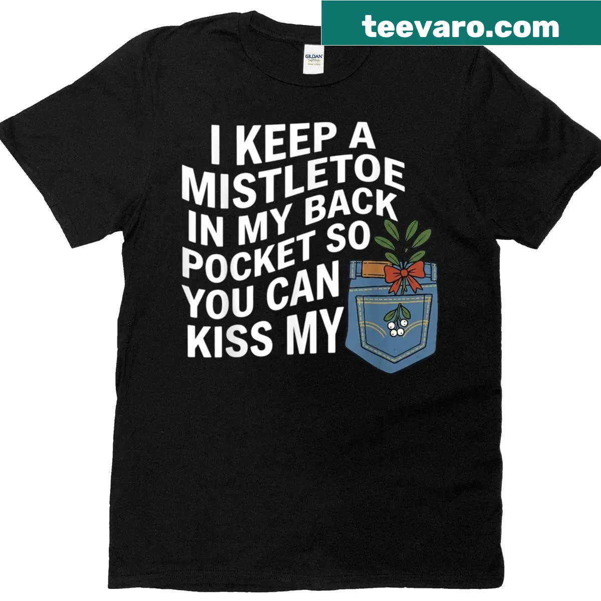 Whimsical Christmas T-shirt with mistletoe saying for festive gatherings — on a men's t-shirt
