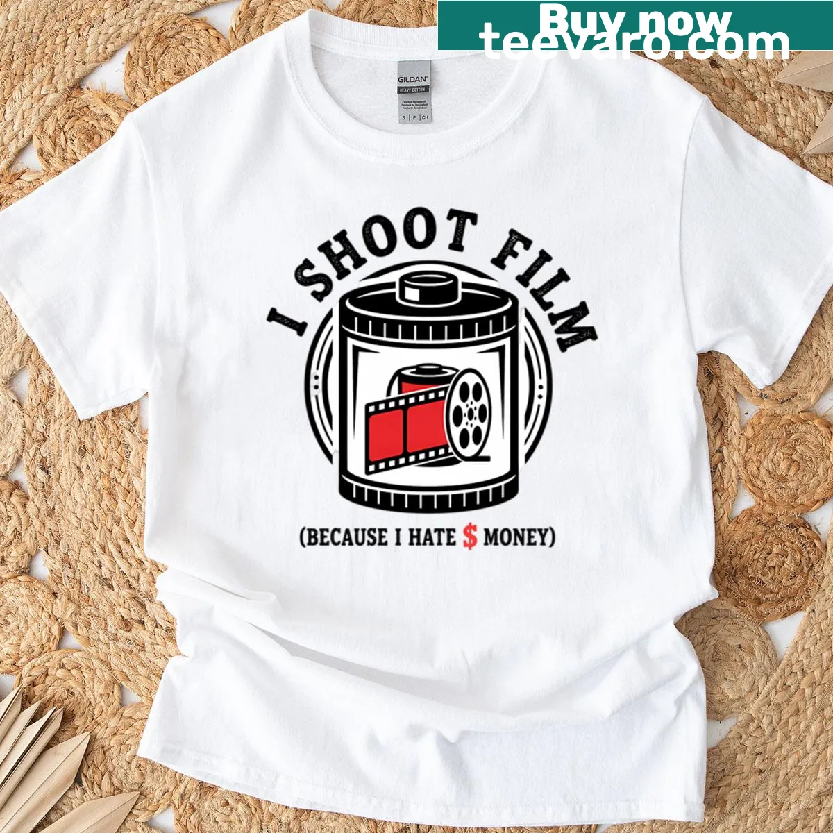 Edgy t-shirt with 'I Shoot Film' statement for photographers — on a men's t-shirt