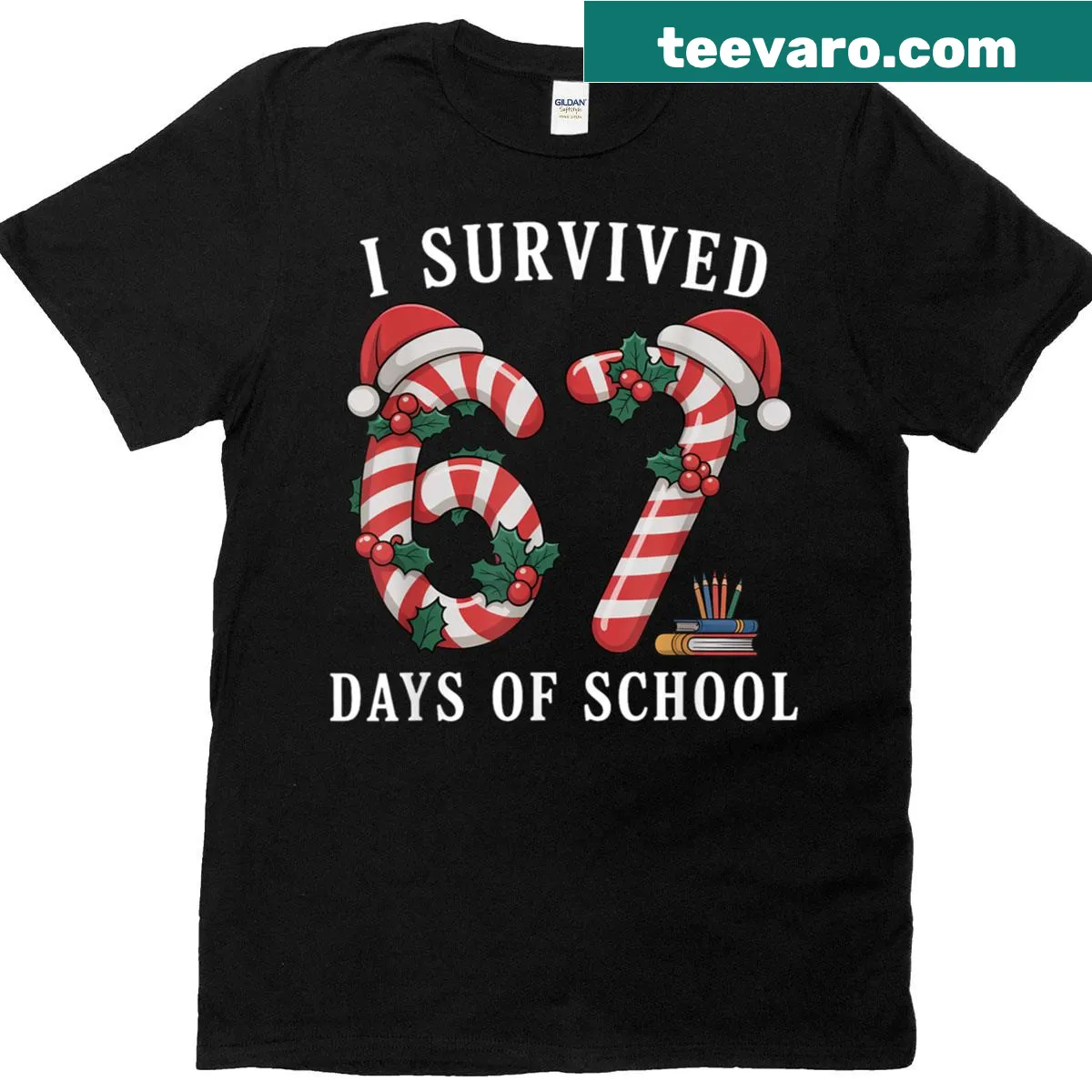 Playful t-shirt celebrating surviving school days with Christmas candy canes. — on a men's t-shirt