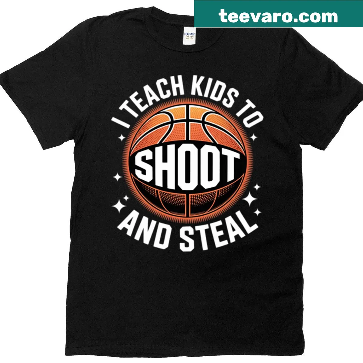Bold t-shirt for basketball coaches that says 'I Teach Kids To Shoot And Steal' — on a men's t-shirt
