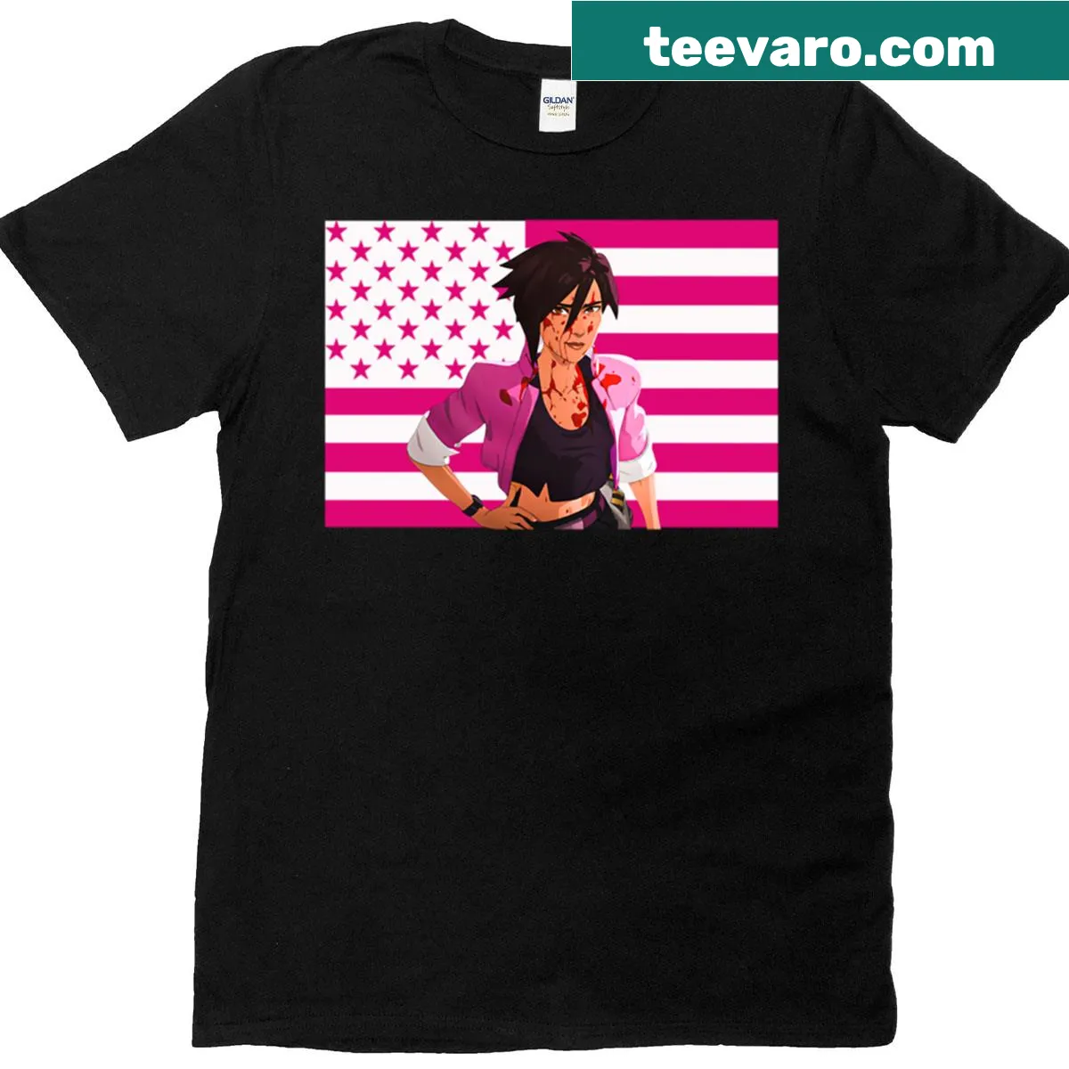 Gaming themed t-shirt with a pink flag and dispatch graphic — on a men's t-shirt