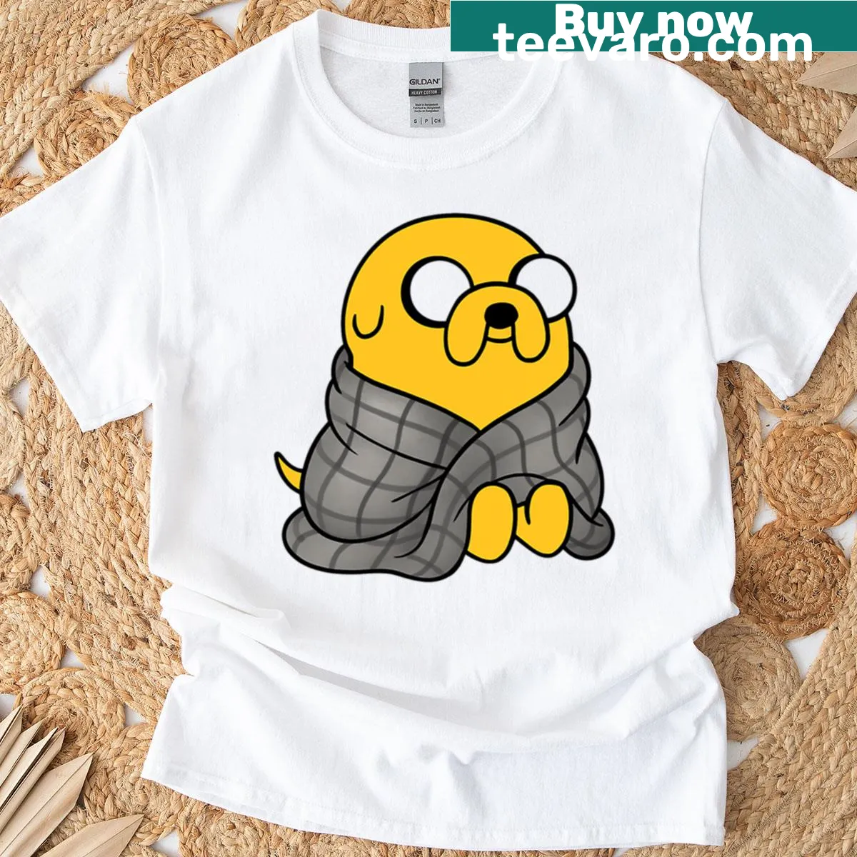 Cute cartoon t-shirt featuring Jake the Dog wrapped in a blanket — on a men's t-shirt