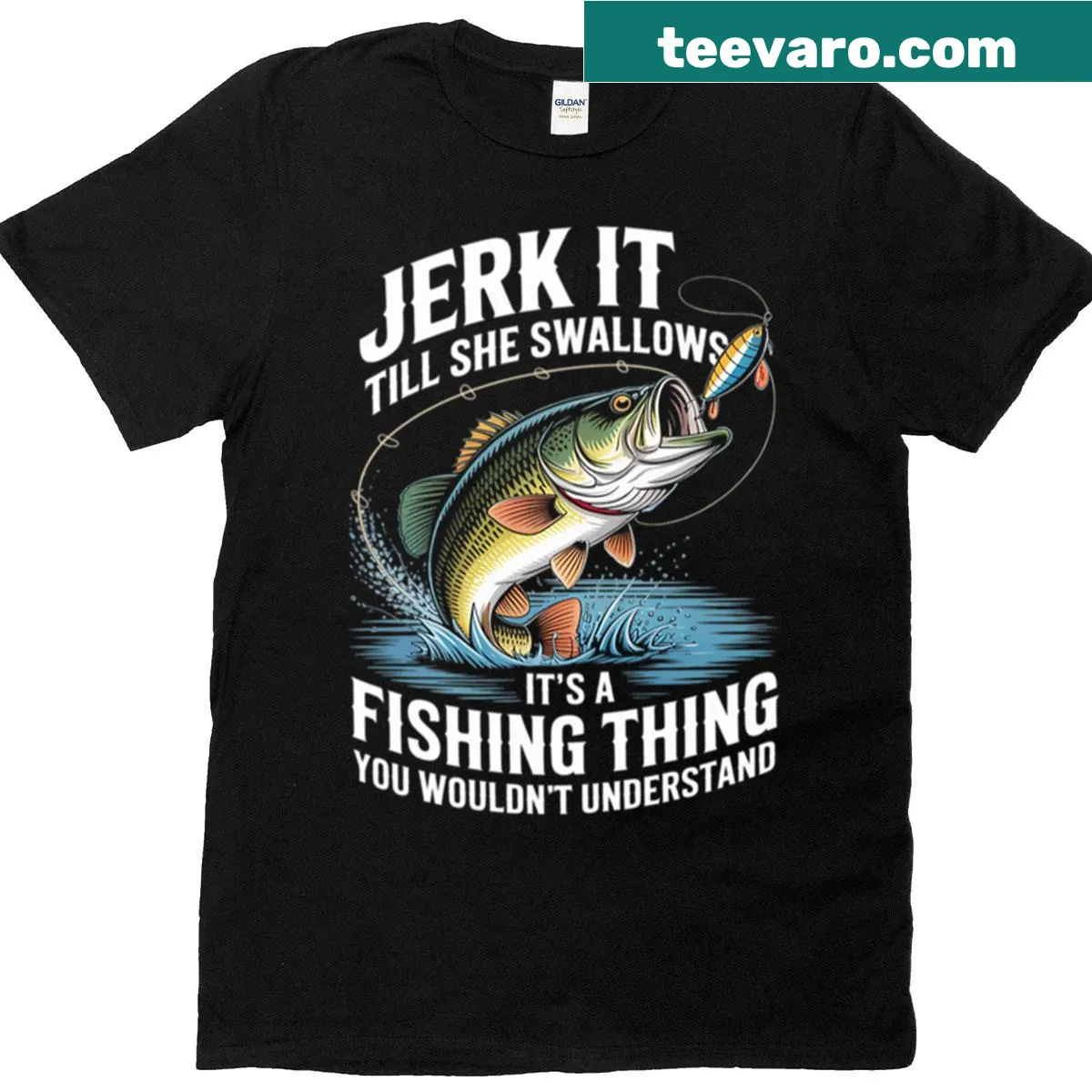 T-shirt with a cheeky fishing phrase in bold typography — on a men's t-shirt