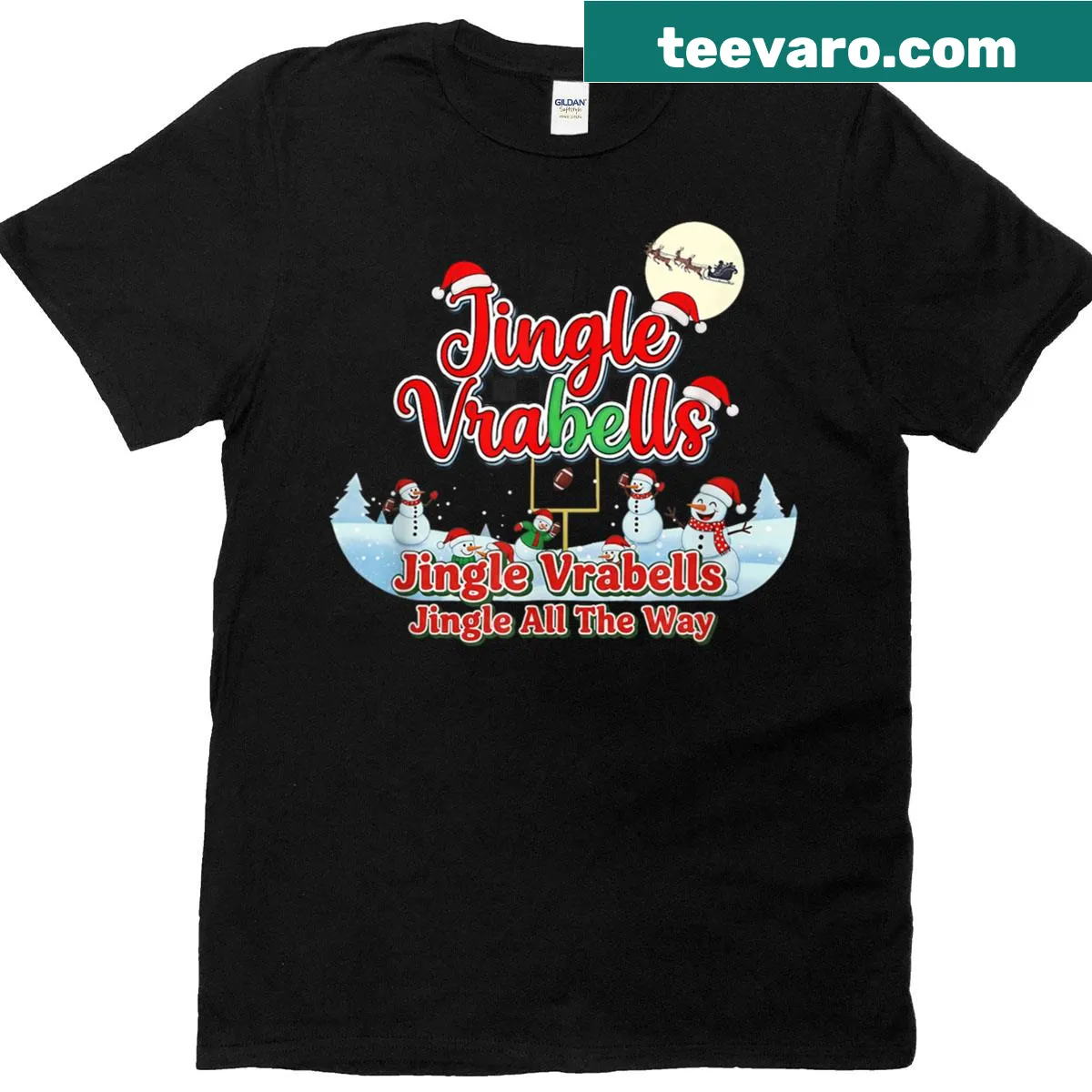 Funny Christmas T-shirt featuring a football player snowman design — on a men's t-shirt