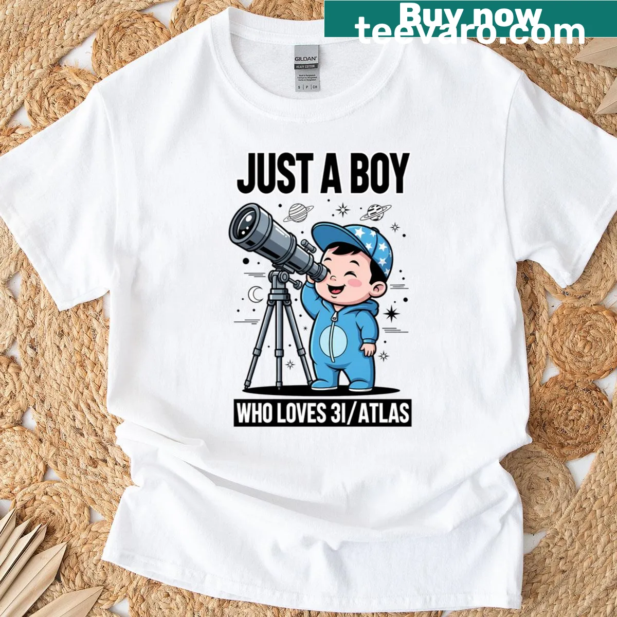 T-shirt featuring the phrase 'Just A Boy Who Loves 3iatlas' with a comet design — on a men's t-shirt