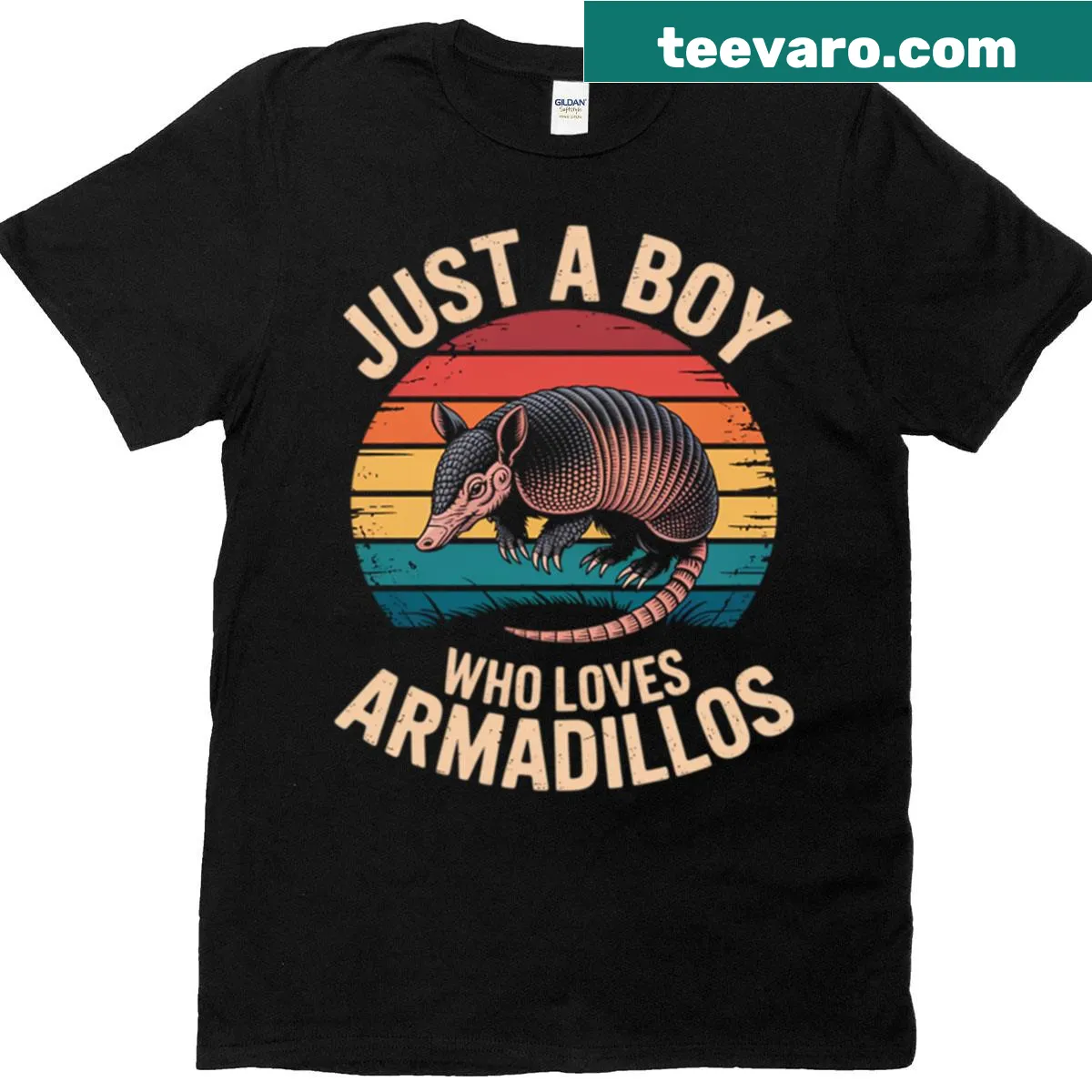 Vintage-style T-shirt featuring the phrase Just A Boy Who Loves Armadillos with an illustration — on a men's t-shirt