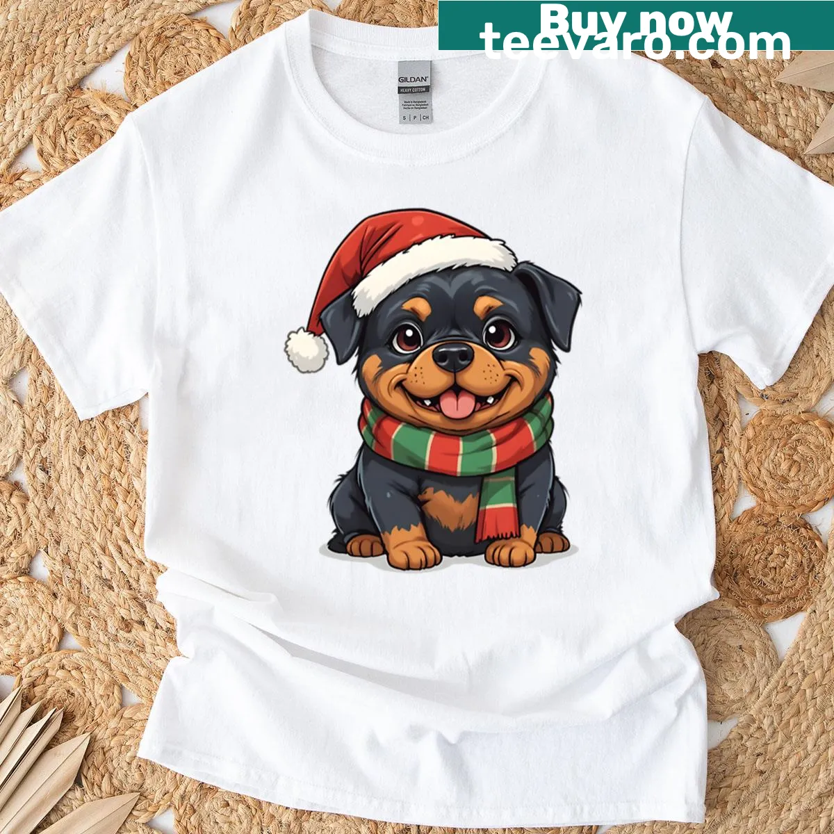 Cute cartoon Rottweiler in a Santa hat on a T-shirt — on a men's t-shirt