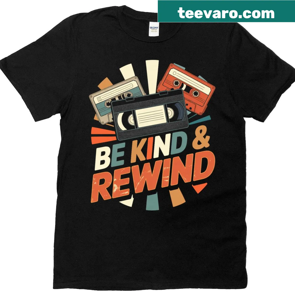 Vintage-style tee featuring the phrase 'Kind And Rewind' with a nostalgic music tape graphic. — on a men's t-shirt