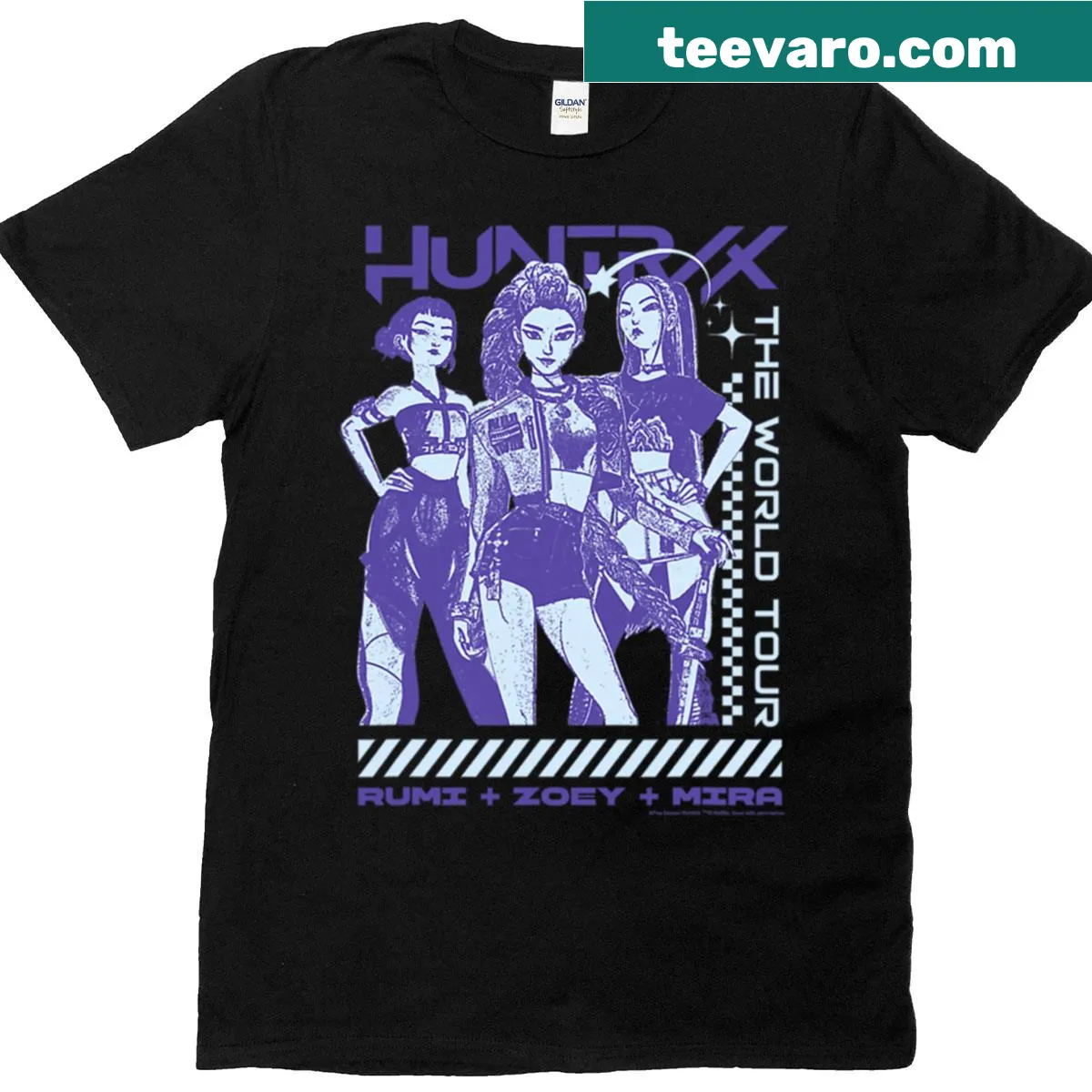 World Tour-themed graphic of Kpop Demon Hunters on a t-shirt — on a men's t-shirt