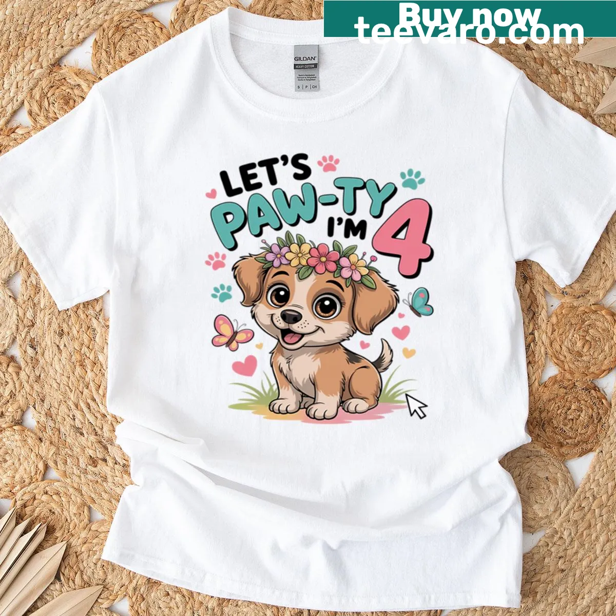 Cute t-shirt for a 4th birthday girl featuring dog graphics and 'Let's Paw-ty' text. — on a men's t-shirt