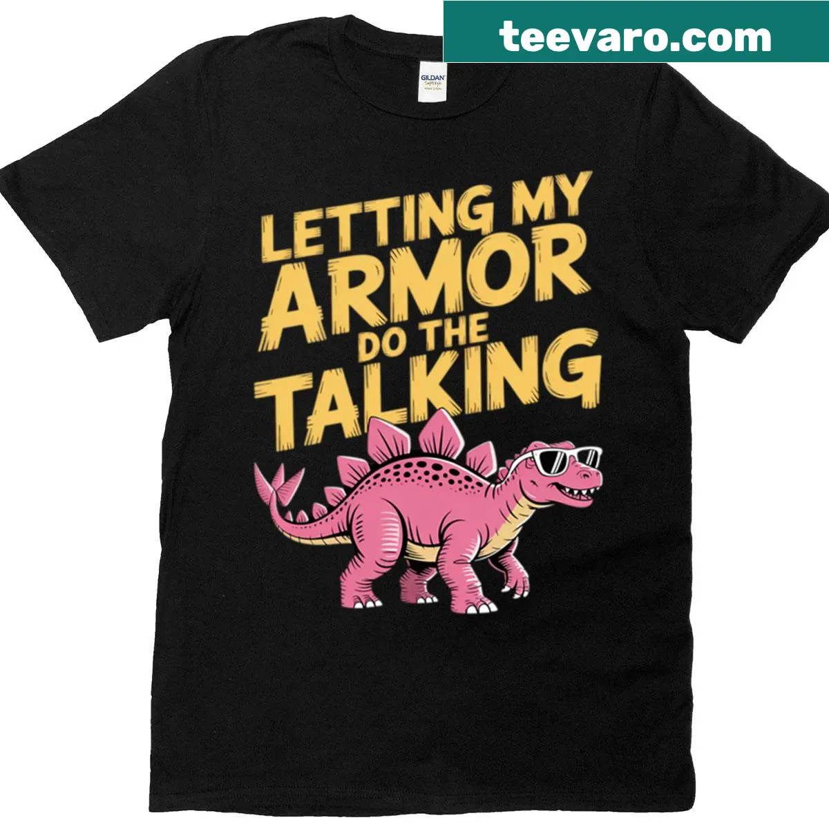 Illustrated T-shirt with dinosaur fossil and humorous text — on a men's t-shirt