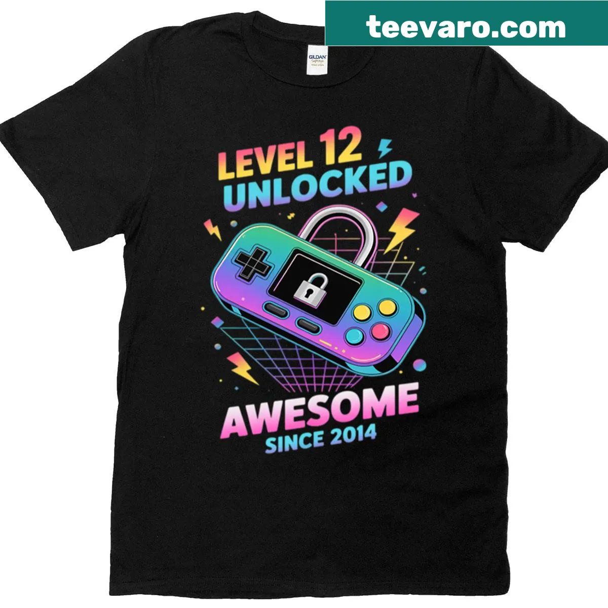 Gaming T-shirt for boys turning 12 with 'Level 12 Unlocked' — on a men's t-shirt