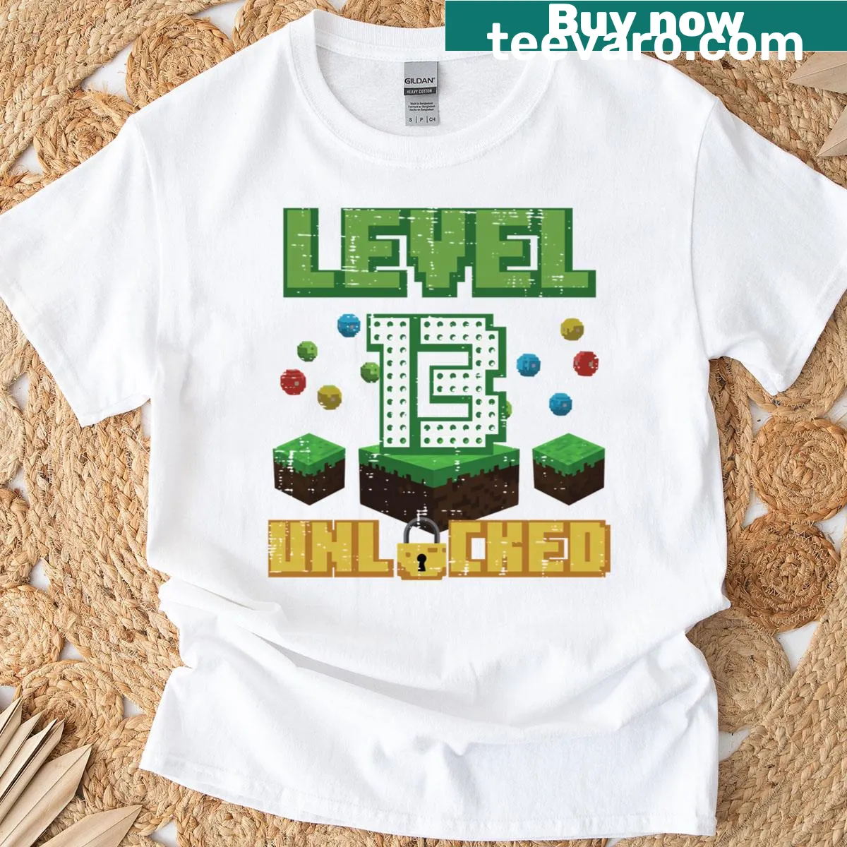 Gaming t-shirt featuring 'Level 13 Unlocked' in pixel style — on a men's t-shirt