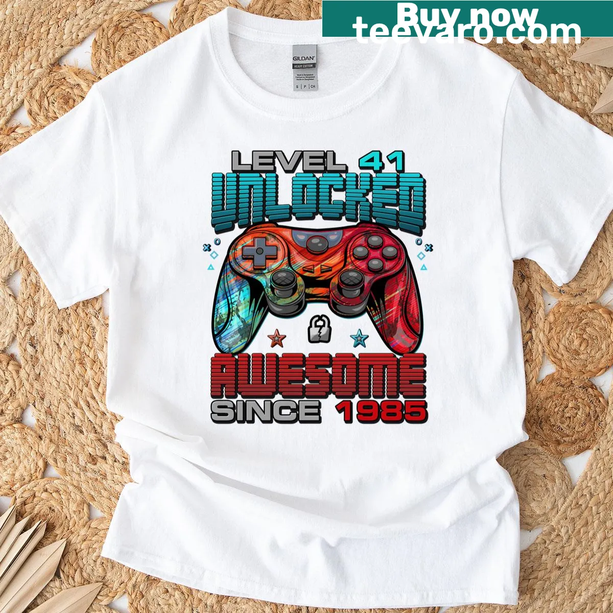 Gaming-themed t-shirt with 'Level 41 Unlocked' text for birthday celebration — on a men's t-shirt