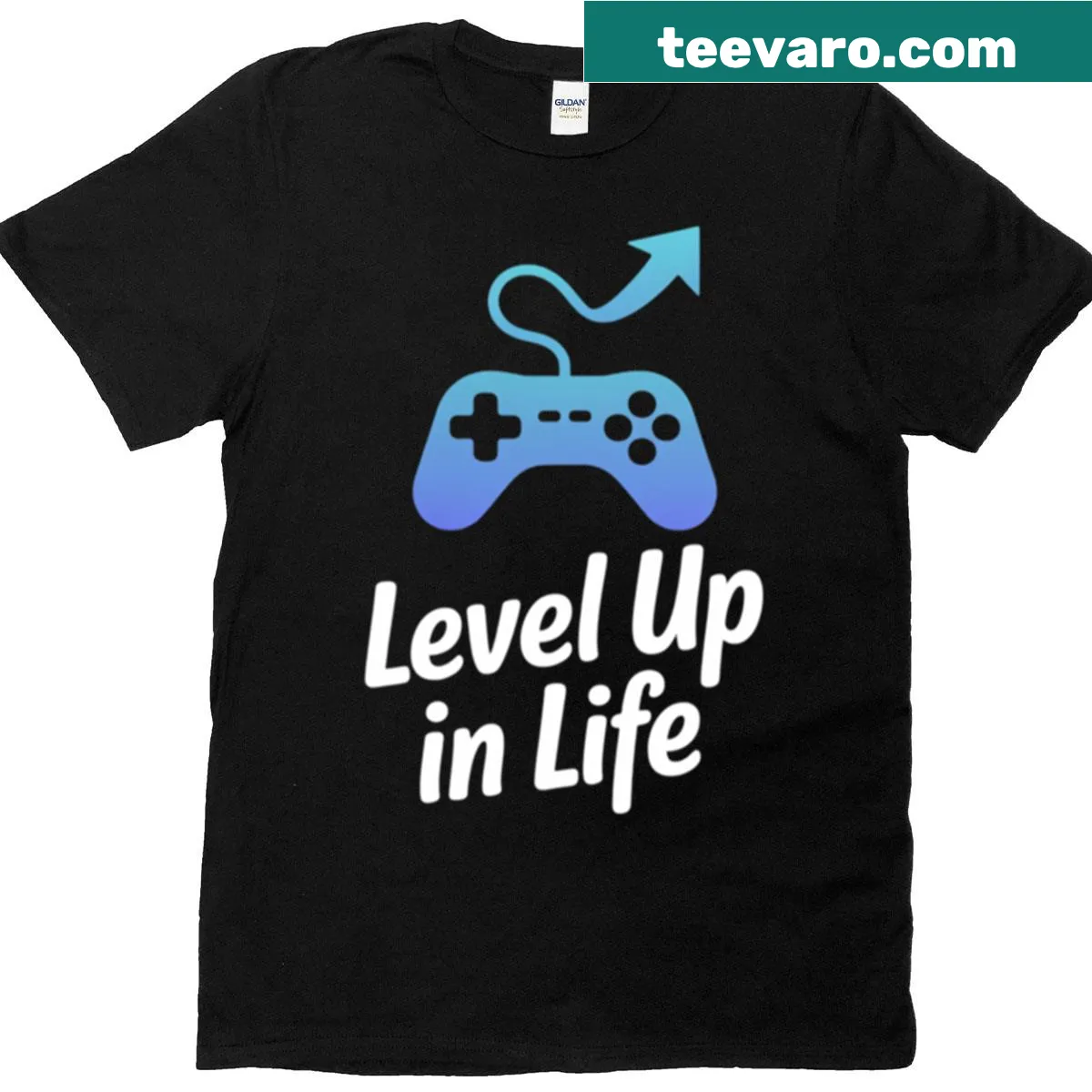 Motivational t-shirt with a game controller graphic and the phrase Level Up In Life — on a men's t-shirt