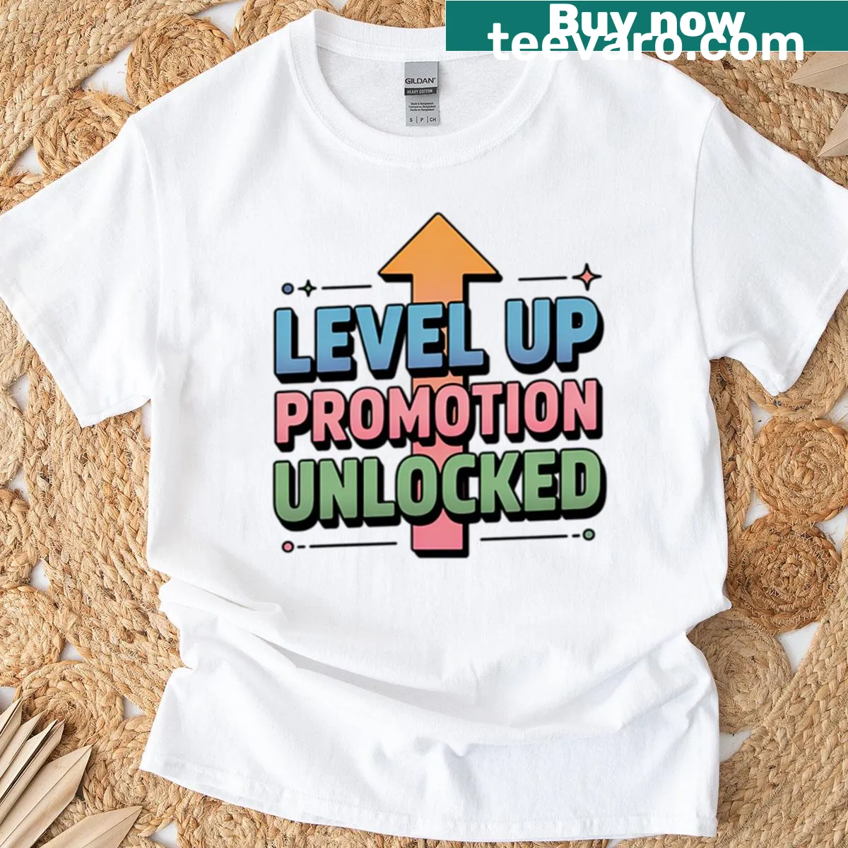 Humorous Level Up Promotion Unlocked t-shirt with bold text — on a men's t-shirt