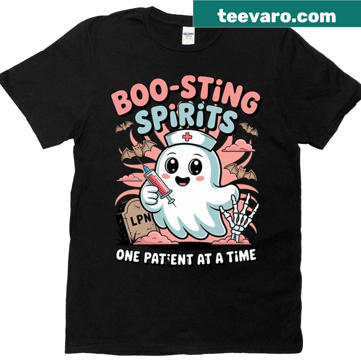 Halloween-themed t-shirt for nurses with spooky ghost illustrations — on a men's t-shirt