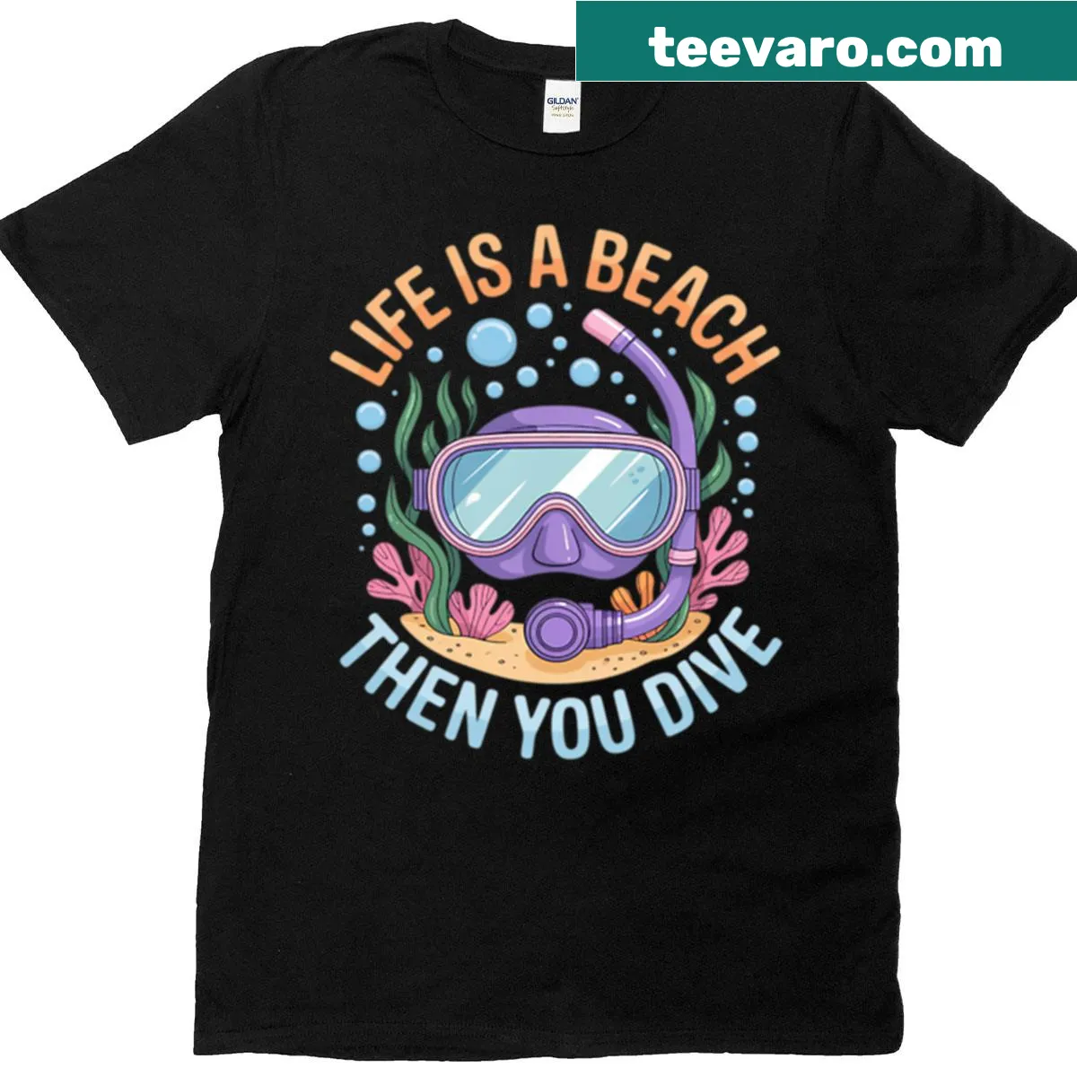 Playful scuba diver graphic on an ocean-themed t-shirt — on a men's t-shirt