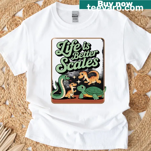 Graphic design featuring reptiles with the text 'Life Is Better With Scales'