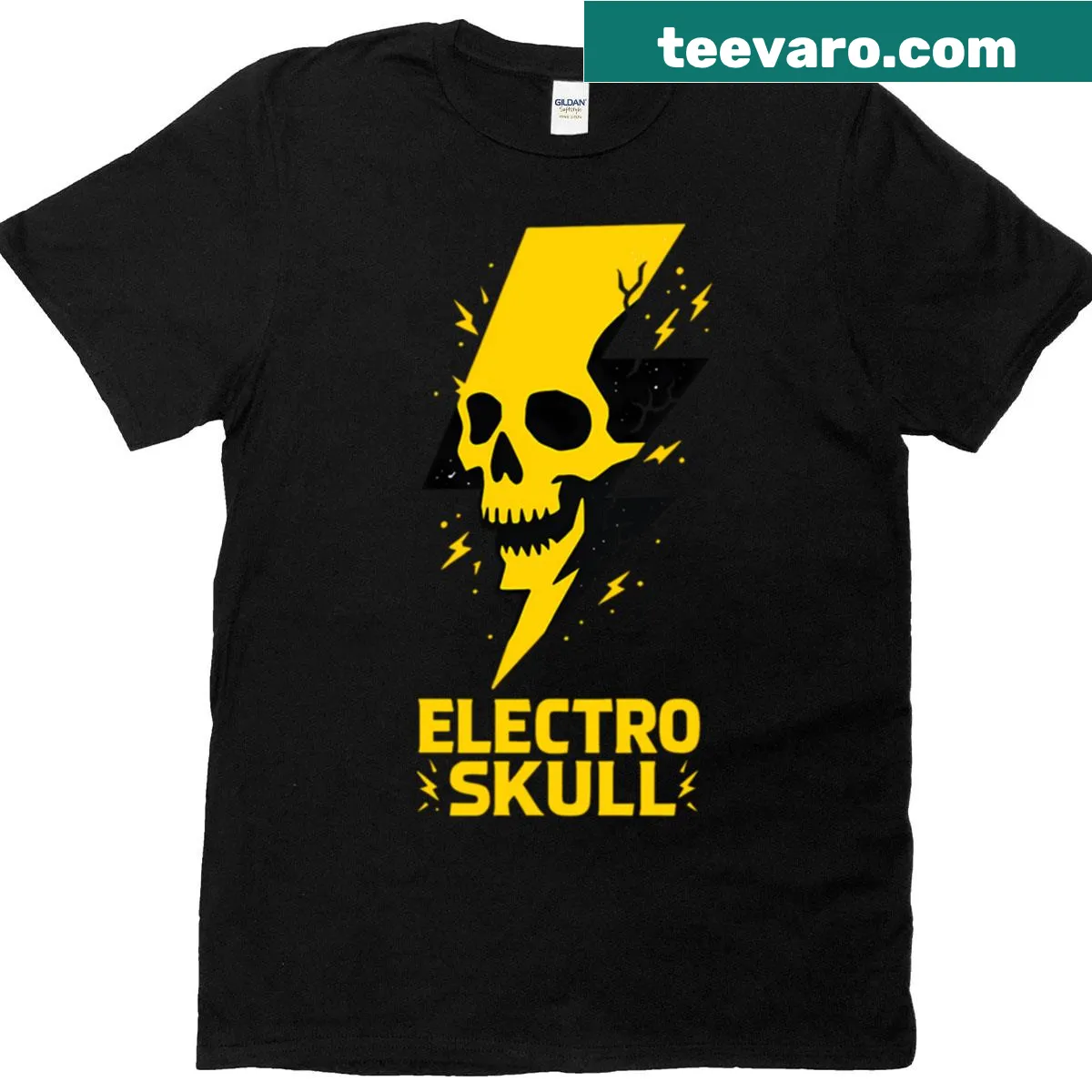 Illustrated T-shirt with a skull and lightning bolt design — on a men's t-shirt