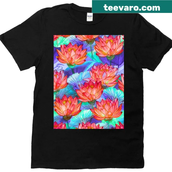Illustrated t-shirt featuring a serene lotus stream design.