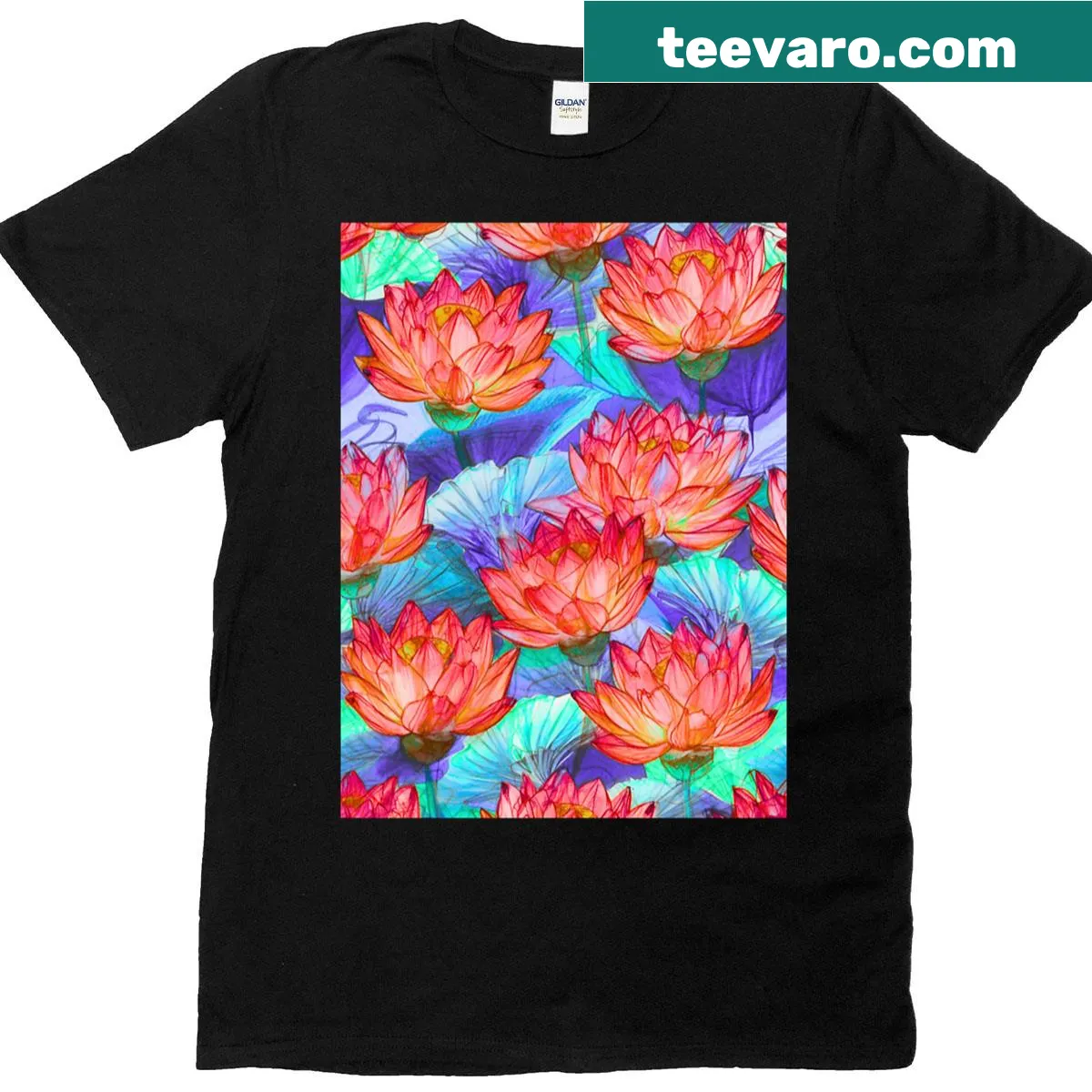Illustrated t-shirt featuring a serene lotus stream design. — on a men's t-shirt