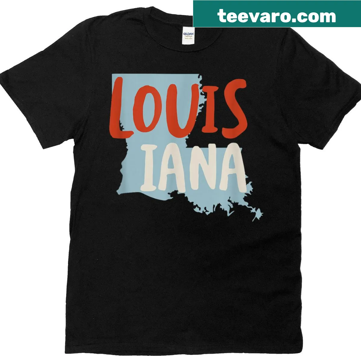 Louisiana souvenir T-shirt with state name in bold typography — on a men's t-shirt