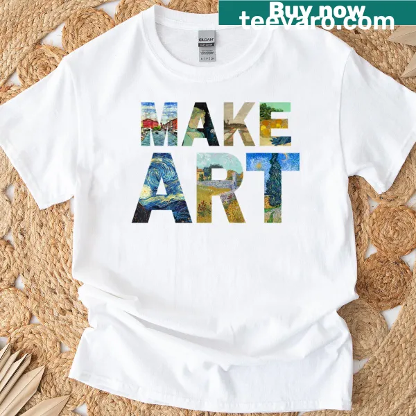 Humorous t-shirt with artistic phrases for art lovers and teachers.