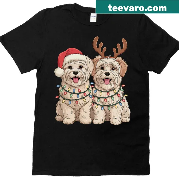 Maltese Dog T-shirt with Santa hat and Christmas lights design