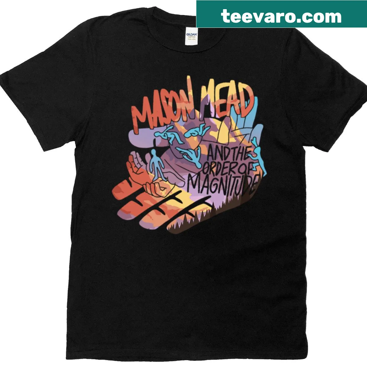 Mason Mead And The Order Of Magnitude T-shirt with typographic design — on a men's t-shirt