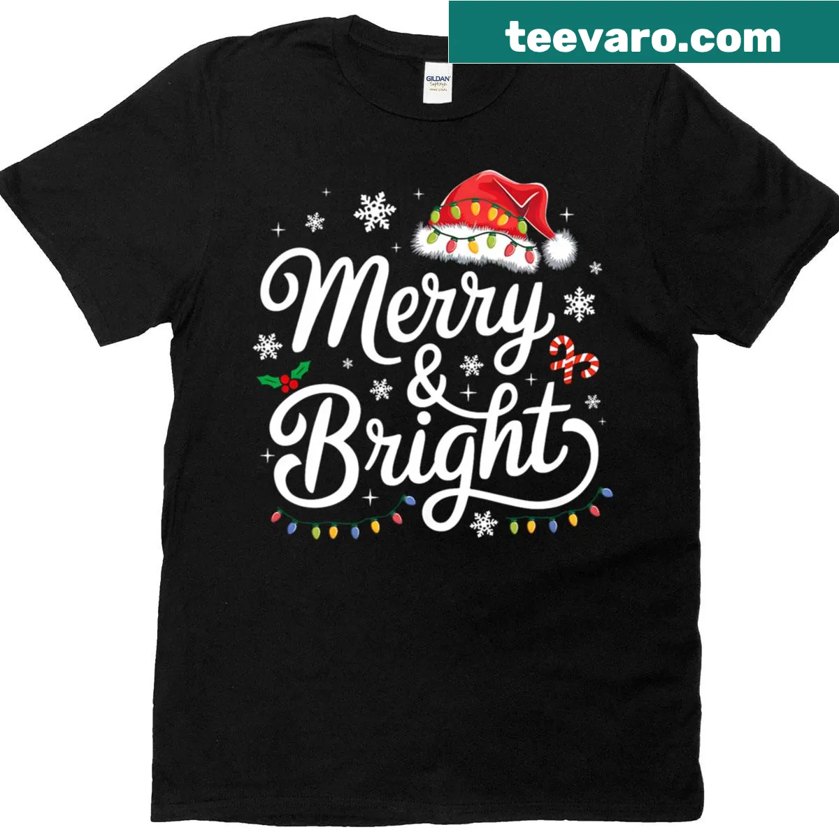 Santa hat with Christmas lights graphic on holiday t-shirt — on a men's t-shirt