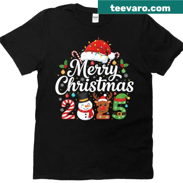 Merry Christmas T-shirt with reindeer wearing a Santa hat