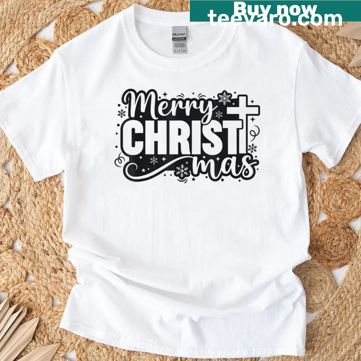 Illustrated cross with 'Merry Christmas' text on a festive tee — on a men's t-shirt